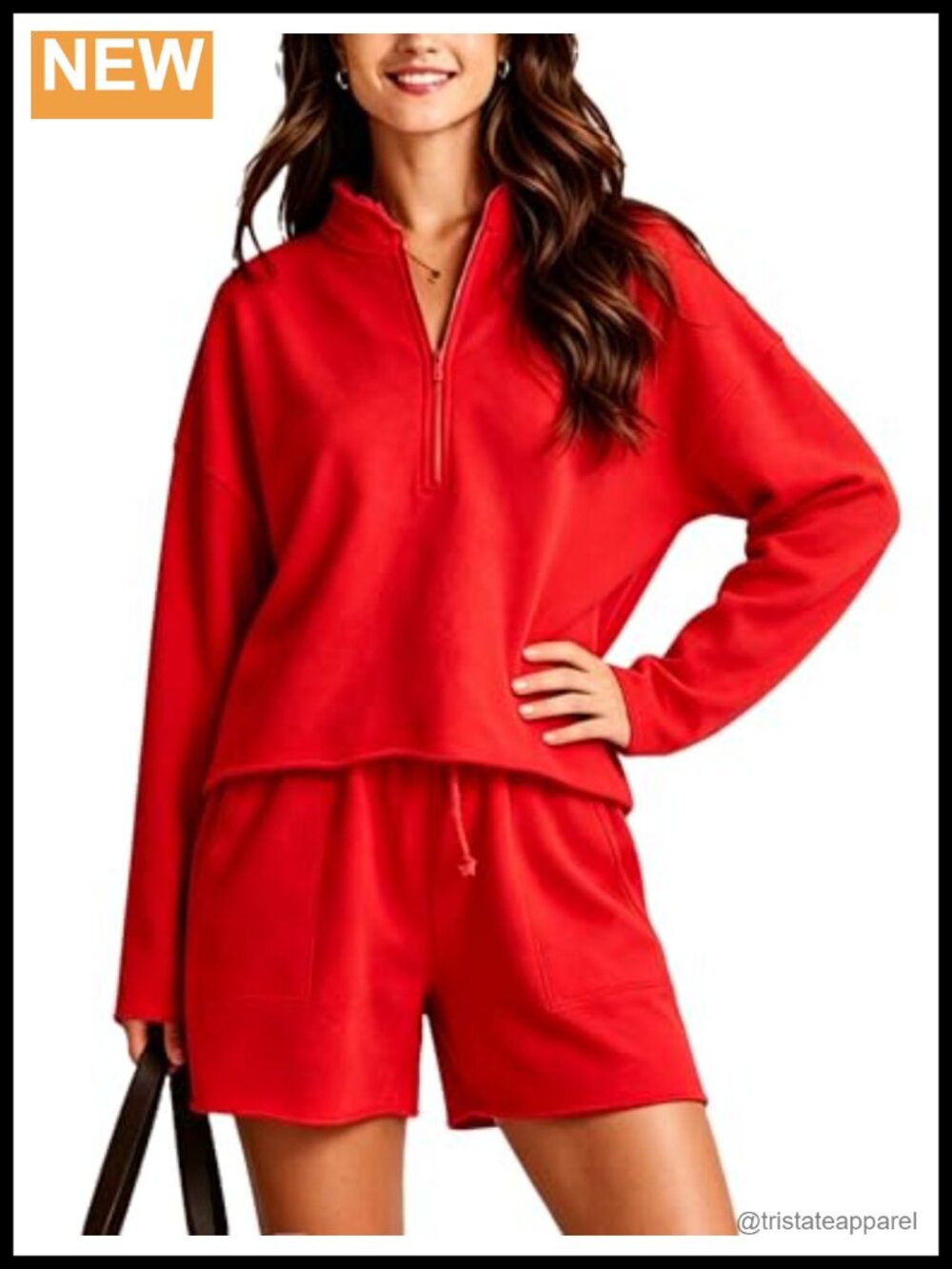 Two Piece Womens Sweatsuit Set Long Sleeve Quarter Zip Top Wide Leg Shorts